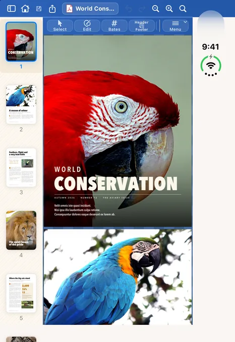 The folded iPhone Duo showing the magazine cover with a column of page thumbnails.