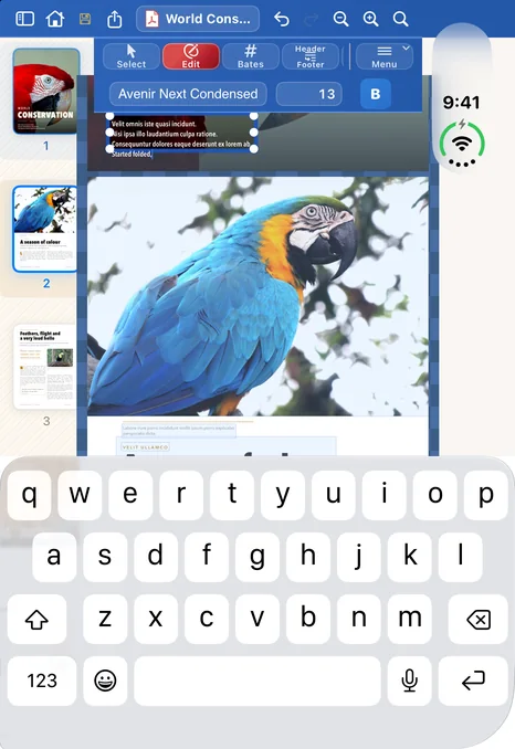 Papayra on the folded iPhone Duo: the cover's text open for editing, keyboard up, a sentence being typed.