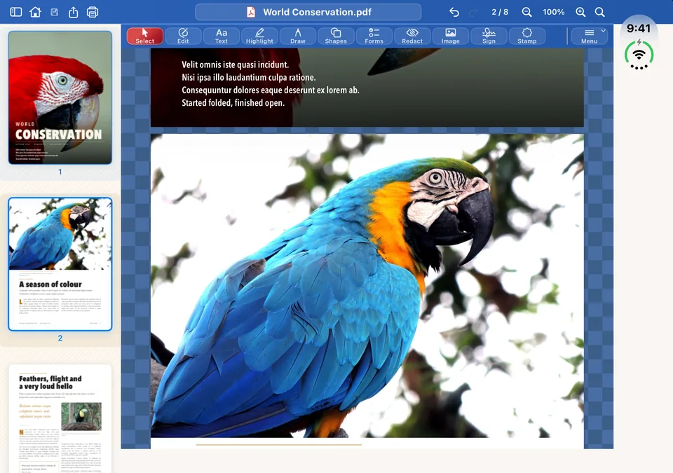 The open iPhone Duo as a tablet: the full toolbar, the thumbnail column and the page on the chess-board background, with the finished sentence on the cover.