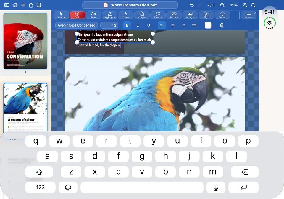 The same iPhone Duo unfolded: the same paragraph still open, the sentence finished, keyboard on the inner screen.