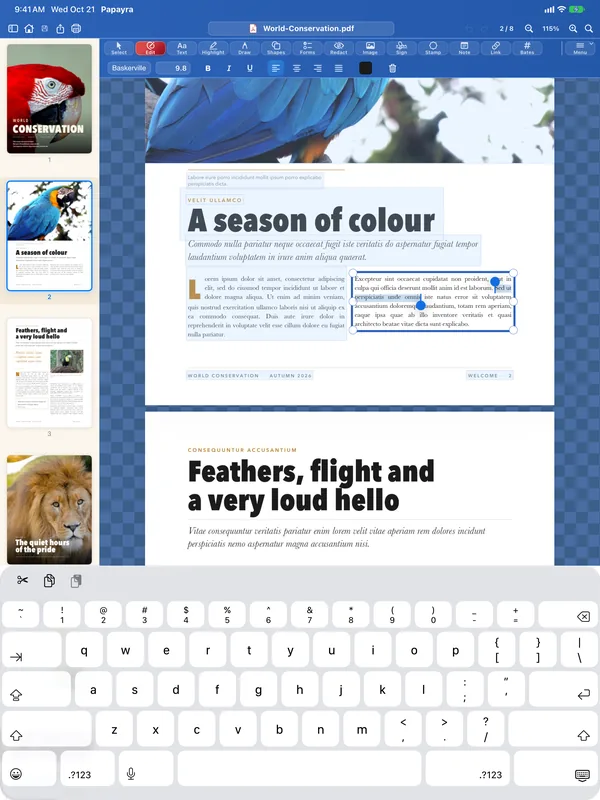 Papayra for iPad in Edit mode with a paragraph selected and the keyboard up.