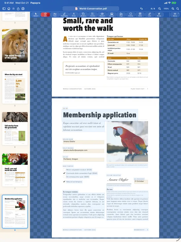 A membership form filled in with the Forms tool in Papayra for iPad.