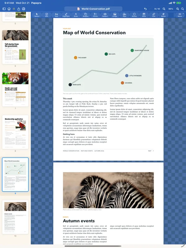 Papayra for iPad with the page thumbnails beside a map page merged in from a second document.