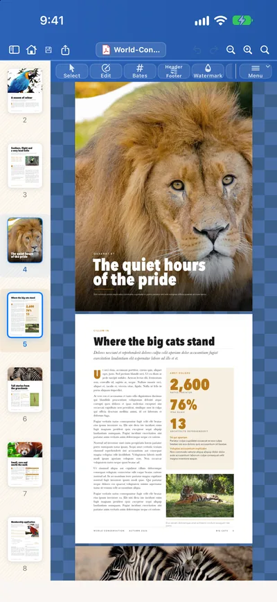 The magazine’s full-page lion in Papayra for iPhone, with the page thumbnails on the left.