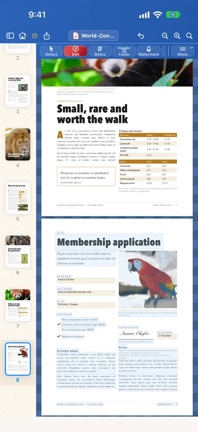 A membership form filled in with the Forms tool in Papayra for iPhone: name, e-mail, city and two ticked boxes.