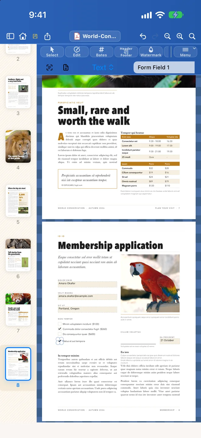 Papayra for iPhone showing a membership form, filled in and signed.