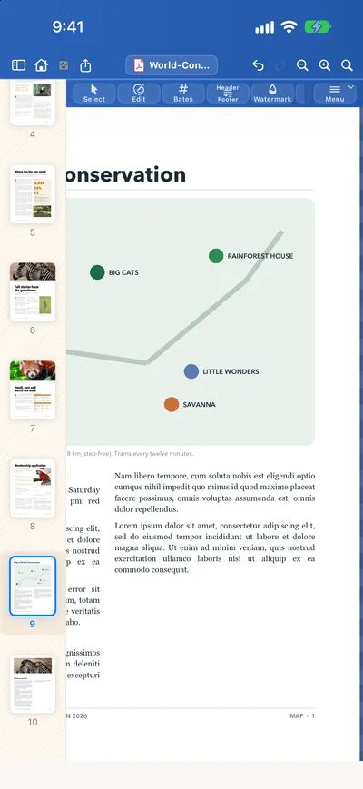 The page thumbnails beside a map page merged in from a second document, in Papayra for iPhone.
