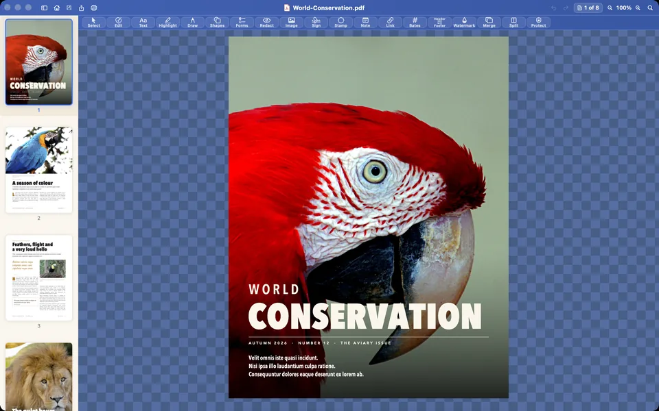 The cover of World Conservation open in Papayra for Mac, with the page thumbnails on the left.
