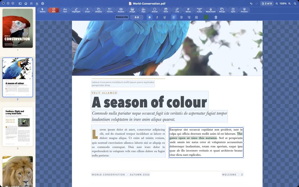 Edit mode: every block of text in a light-blue box, the paragraph being edited white with handles, and new words set in bold and green from the style bar.