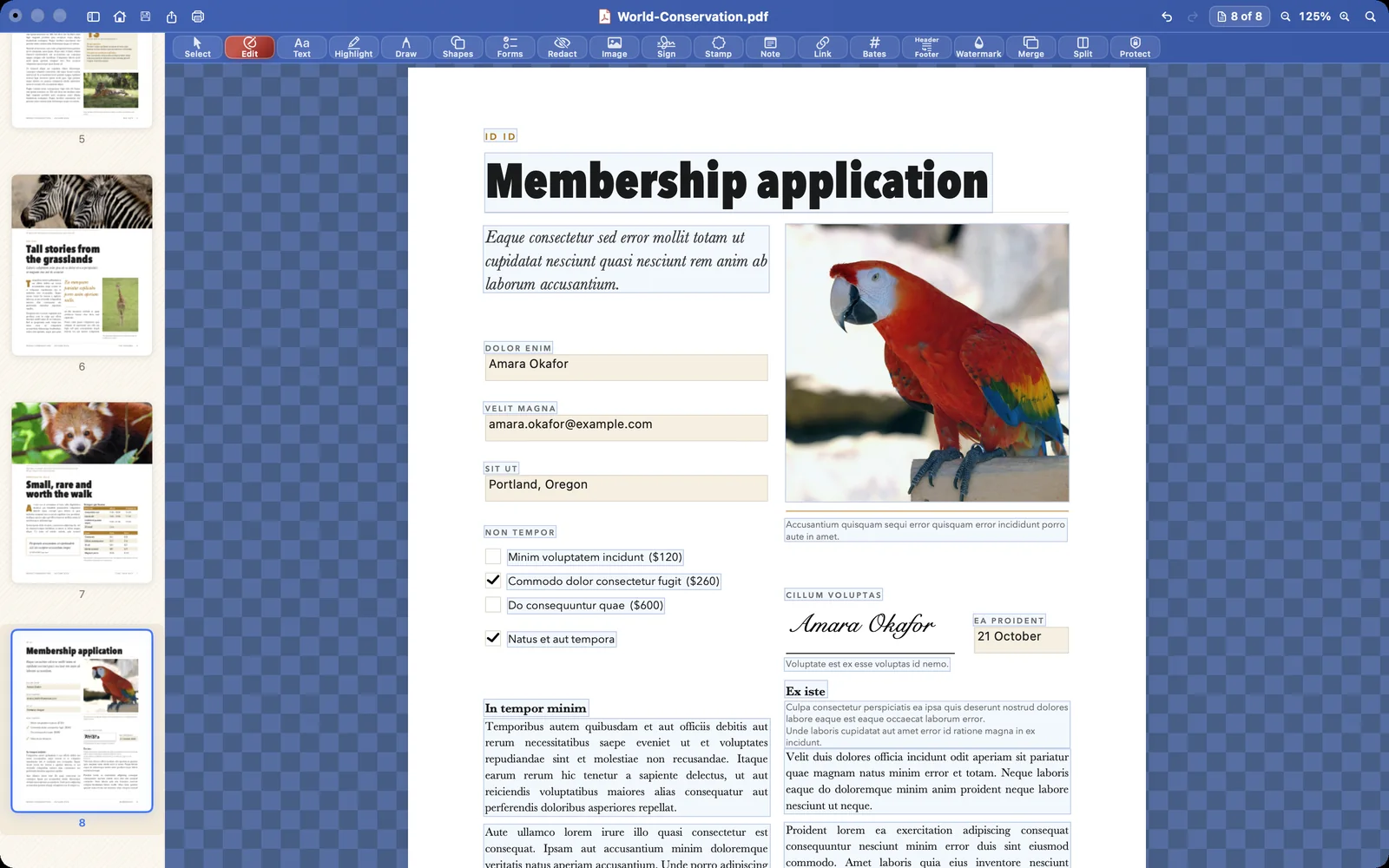 Papayra for Mac showing a membership application with a typed signature placed on the signature line.