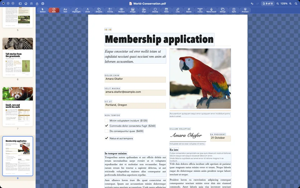 A membership application with a typed signature on the signature line.