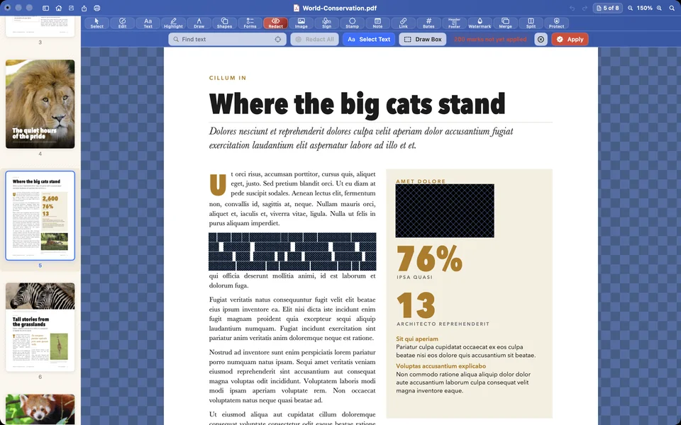 Words and a figure on the page Where the big cats stand marked for redaction in Papayra for Mac: dark-blue boxes crossed with fine lines, not yet applied.