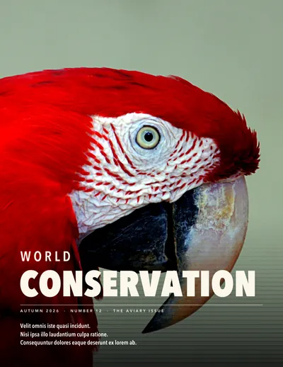 Page 1: the cover of World Conservation, a scarlet macaw.