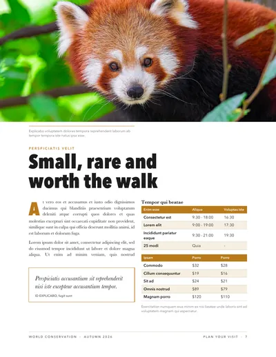 Page 7: Small, rare and worth the walk, with a red panda and a table.