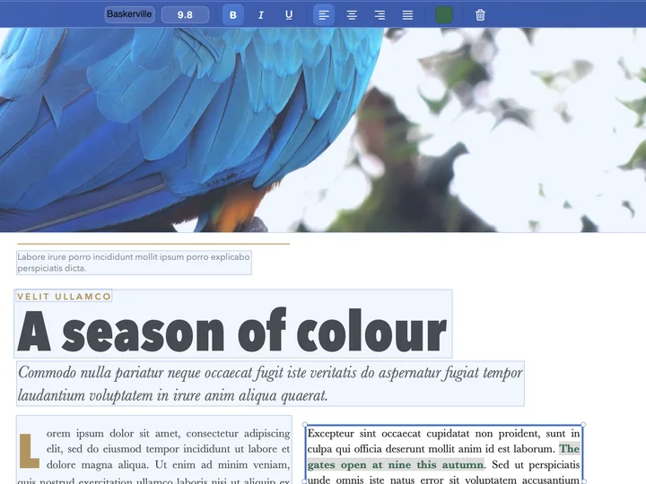 Papayra for iPhone with the style bar showing Baskerville 9.8 and bold words in the paragraph being edited.